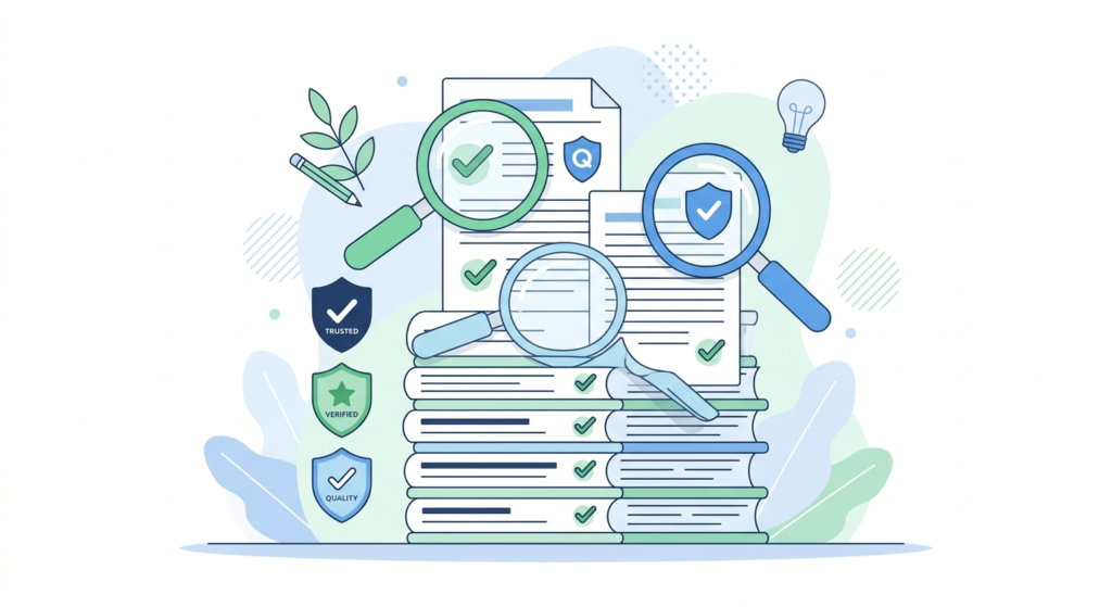Illustration of blog content being verified for quality with checkmarks and magnifying glasses, representing safe and accurate articles on OpenBlogz”