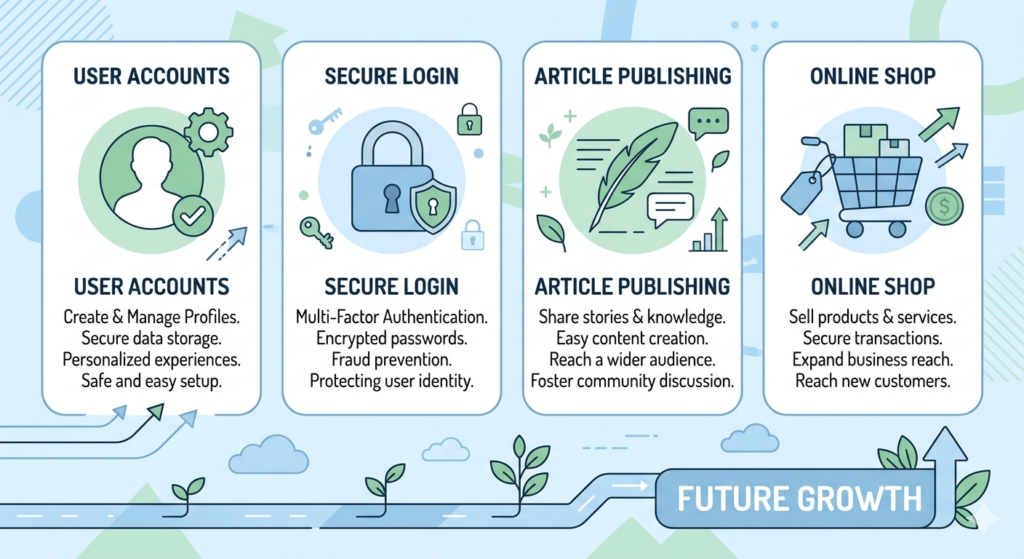 Illustration of future website features with icons for secure login, user accounts, article publishing, and online shop for OpenBlogz