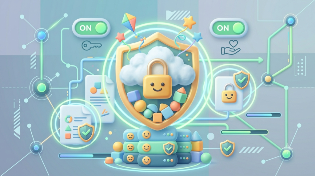 An educational infographic on OpenBlogz explaining Children’s Privacy and online safety features, using friendly 3D icons like smiling locks, shields, and secure cloud storage.