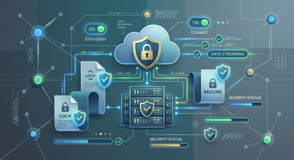 A technical infographic on OpenBlogz showing secure data streaming and cloud encryption with digital locks, servers, and security status bars.